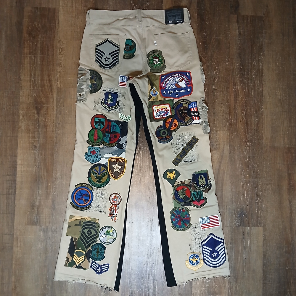 Kapital Kountry Levis Tan Jeans with Camo & Air Force Patches